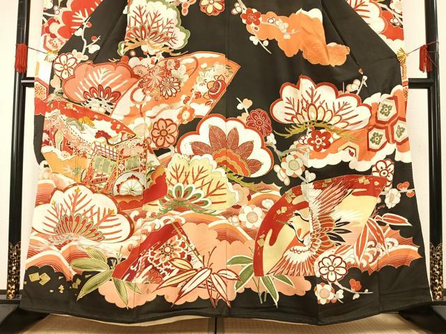平和屋本店●アンティーク　大正ロマン　振袖　駒刺繍　御所車花文　黒地　金糸　金彩　正絹　逸品　AABG4419fy
