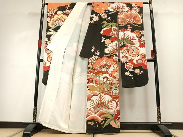 平和屋本店●アンティーク　大正ロマン　振袖　駒刺繍　御所車花文　黒地　金糸　金彩　正絹　逸品　AABG4419fy