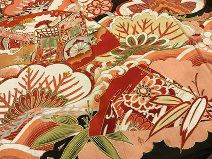 平和屋本店●アンティーク　大正ロマン　振袖　駒刺繍　御所車花文　黒地　金糸　金彩　正絹　逸品　AABG4419fy