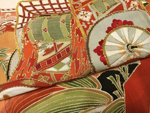 平和屋本店●アンティーク　大正ロマン　振袖　駒刺繍　御所車花文　黒地　金糸　金彩　正絹　逸品　AABG4419fy