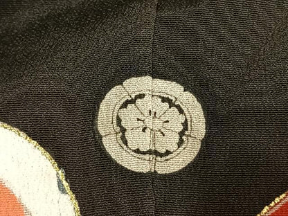 平和屋本店●アンティーク　大正ロマン　振袖　駒刺繍　御所車花文　黒地　金糸　金彩　正絹　逸品　AABG4419fy