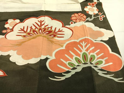 平和屋本店●アンティーク　大正ロマン　振袖　駒刺繍　御所車花文　黒地　金糸　金彩　正絹　逸品　AABG4419fy