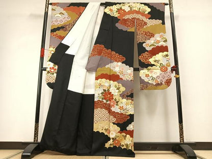 平和屋着物●豪華振袖　駒刺繍　雲取り花文　黒地　金銀彩　正絹　逸品　AABG4422fy