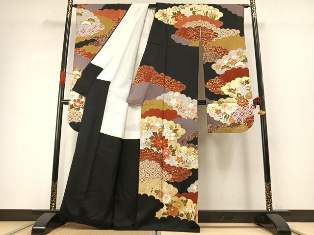 平和屋着物●豪華振袖　駒刺繍　雲取り花文　黒地　金銀彩　正絹　逸品　AABG4422fy