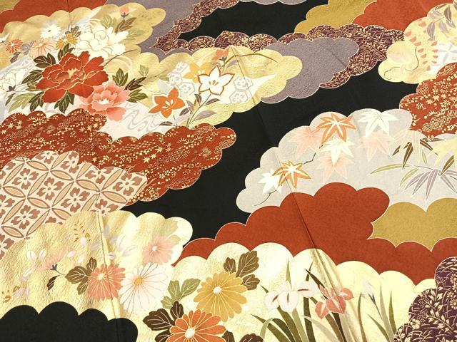 平和屋着物●豪華振袖　駒刺繍　雲取り花文　黒地　金銀彩　正絹　逸品　AABG4422fy