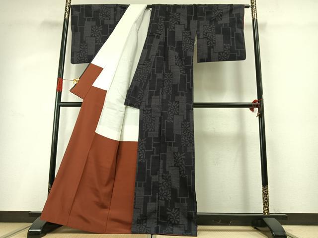 平和屋着物●結城紬　80亀甲　色紙重ね花文　正絹　逸品　AABG4423fy
