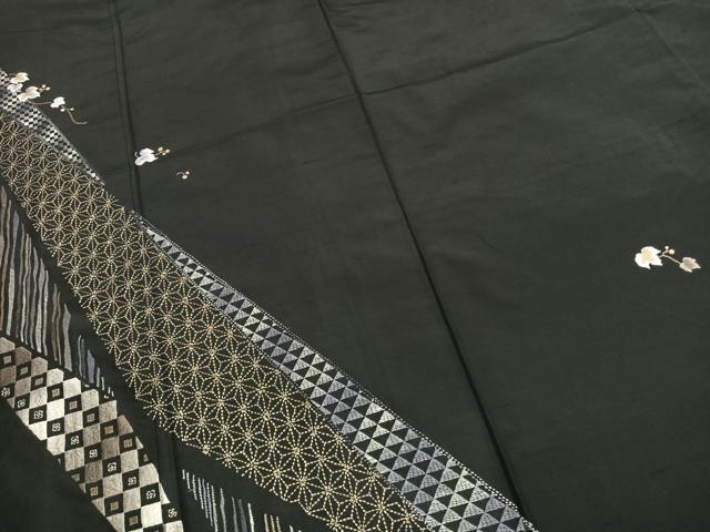 平和屋着物●訪問着　本場大島紬　総刺繍　蔦の葉文　黒地　正絹　逸品　AABG4430fy