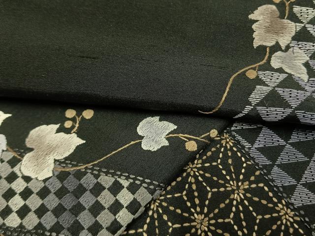 平和屋着物●訪問着　本場大島紬　総刺繍　蔦の葉文　黒地　正絹　逸品　AABG4430fy
