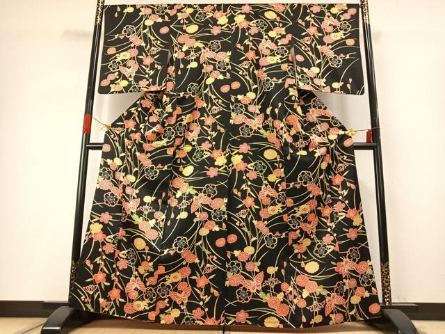平和屋着物●洗える最高級着物　＜英＞はなぶさ謹製　小紋　花蝶文　黒地　洗える着物　AABG4431fy