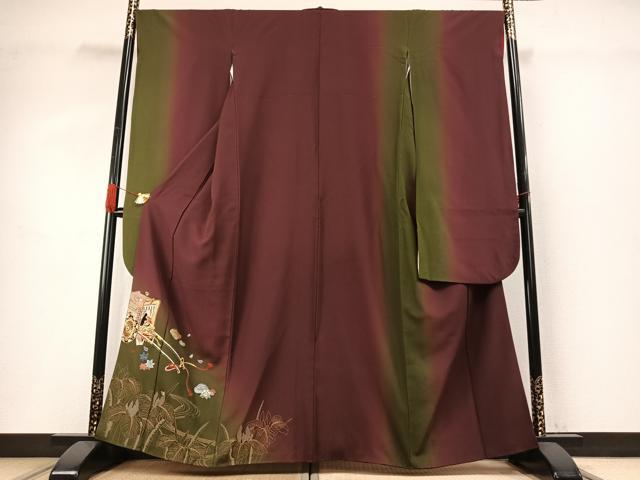 平和屋着物●豪華振袖　駒刺繍　総刺繍　御所車人物花文　暈し染め　金銀糸　正絹　逸品　AABG4432fy