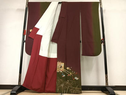 平和屋着物●豪華振袖　駒刺繍　総刺繍　御所車人物花文　暈し染め　金銀糸　正絹　逸品　AABG4432fy