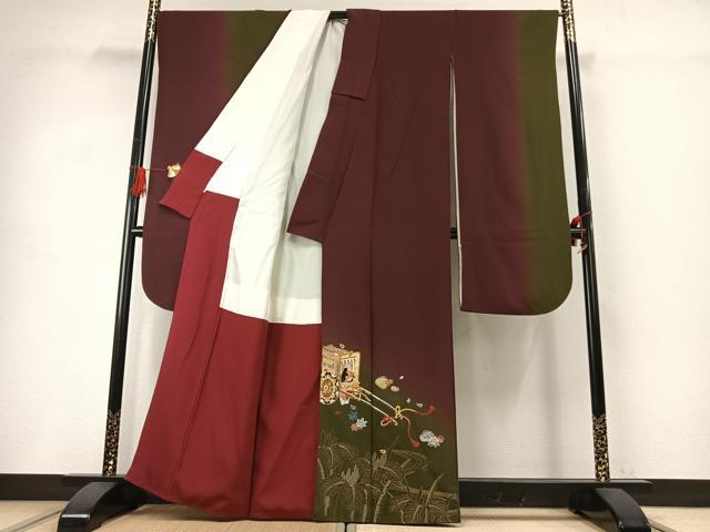 平和屋着物●豪華振袖　駒刺繍　総刺繍　御所車人物花文　暈し染め　金銀糸　正絹　逸品　AABG4432fy