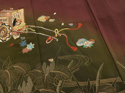 平和屋着物●豪華振袖　駒刺繍　総刺繍　御所車人物花文　暈し染め　金銀糸　正絹　逸品　AABG4432fy