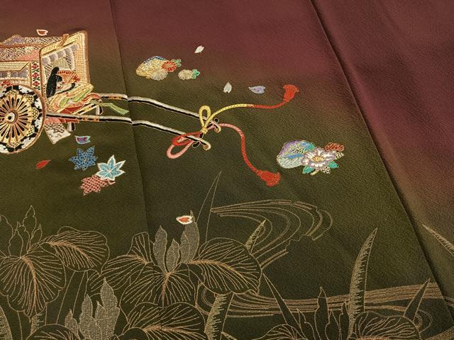 平和屋着物●豪華振袖　駒刺繍　総刺繍　御所車人物花文　暈し染め　金銀糸　正絹　逸品　AABG4432fy