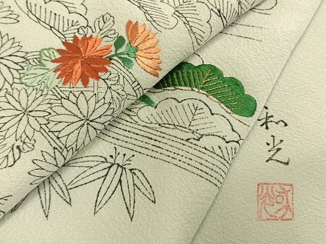 平和屋着物●訪問着　作家物　刺繍　松竹梅　正絹　逸品　AABG4433fy 平和屋着物○訪問着 作家物 刺繍 松竹梅 正絹 逸品 AABG4433fy