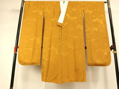 平和屋着物●振袖用長襦袢　袷　花蝶地紋　山吹茶色　半衿刺繍　正絹　逸品　AABG4434fy