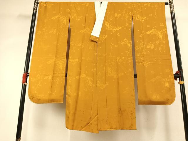 平和屋着物●振袖用長襦袢　袷　花蝶地紋　山吹茶色　半衿刺繍　正絹　逸品　AABG4434fy