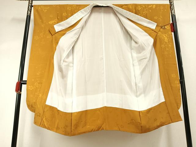 平和屋着物●振袖用長襦袢　袷　花蝶地紋　山吹茶色　半衿刺繍　正絹　逸品　AABG4434fy