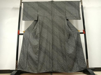 平和屋着物●江戸小紋　斜縞花唐草文　黒地　正絹　逸品　AABG4436fy