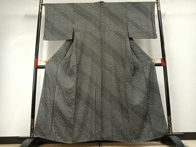平和屋着物●江戸小紋　斜縞花唐草文　黒地　正絹　逸品　AABG4436fy