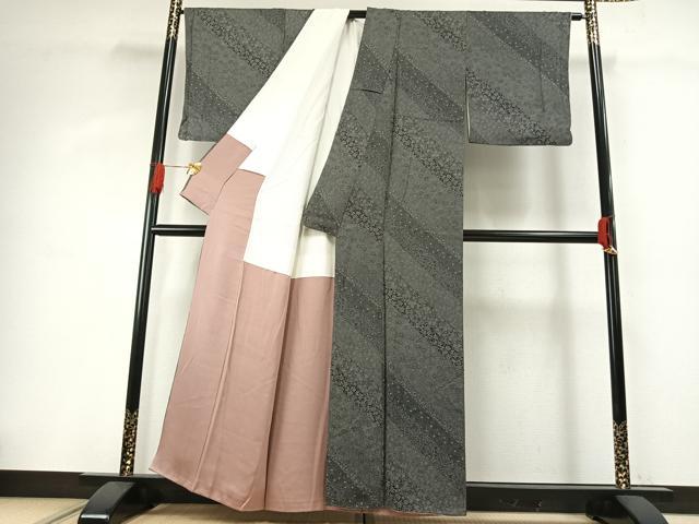 平和屋着物●江戸小紋　斜縞花唐草文　黒地　正絹　逸品　AABG4436fy