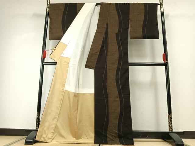 平和屋着物●結城紬　100亀甲　よろけ縞　正絹　逸品　AABG4443fy