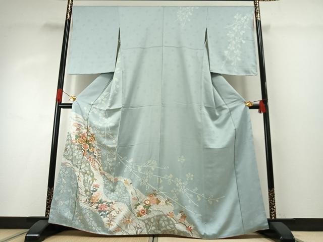 平和屋着物●訪問着　駒刺繍　絞り　草花文　金彩　正絹　逸品　AABG4447fy