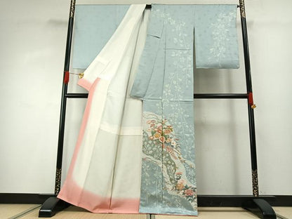 平和屋着物●訪問着　駒刺繍　絞り　草花文　金彩　正絹　逸品　AABG4447fy