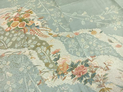 平和屋着物●訪問着　駒刺繍　絞り　草花文　金彩　正絹　逸品　AABG4447fy