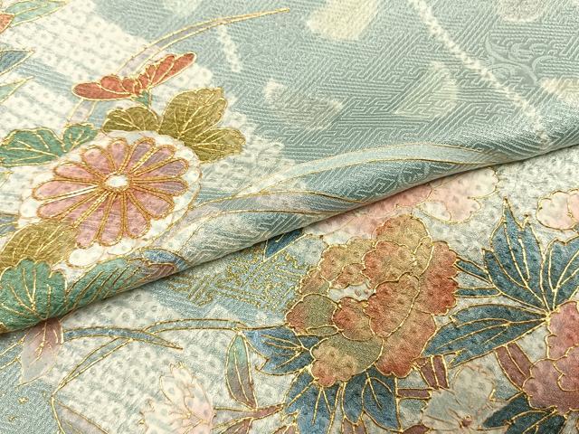 平和屋着物●訪問着　駒刺繍　絞り　草花文　金彩　正絹　逸品　AABG4447fy