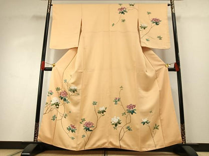 平和屋着物●訪問着　友禅　刺繍　枝花文　正絹　逸品　未使用　AABG4458fy