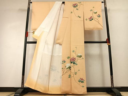 平和屋着物●訪問着　友禅　刺繍　枝花文　正絹　逸品　未使用　AABG4458fy