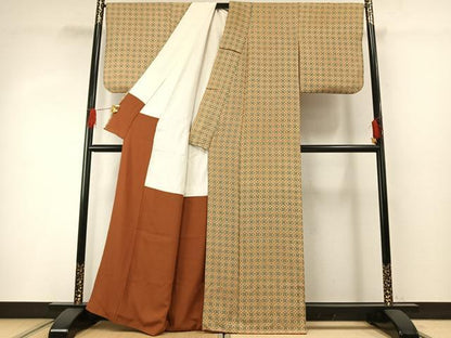 平和屋着物●上質な小紋　幾何学文様　鬼しぼ縮緬　正絹　逸品　AABG4464fy