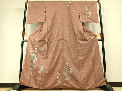 平和屋着物●訪問着　紬地　友禅　草花文　正絹　逸品　AABG4465fy