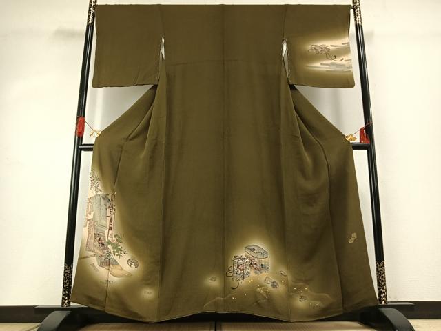 平和屋着物●訪問着　手描き　誰が袖人物文　暈し染め　金彩　鬼しぼ縮緬　正絹　逸品　AABG4476fy