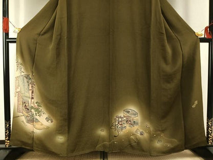 平和屋着物●訪問着　手描き　誰が袖人物文　暈し染め　金彩　鬼しぼ縮緬　正絹　逸品　AABG4476fy