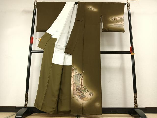 平和屋着物●訪問着　手描き　誰が袖人物文　暈し染め　金彩　鬼しぼ縮緬　正絹　逸品　AABG4476fy