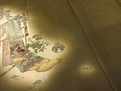 平和屋着物●訪問着　手描き　誰が袖人物文　暈し染め　金彩　鬼しぼ縮緬　正絹　逸品　AABG4476fy