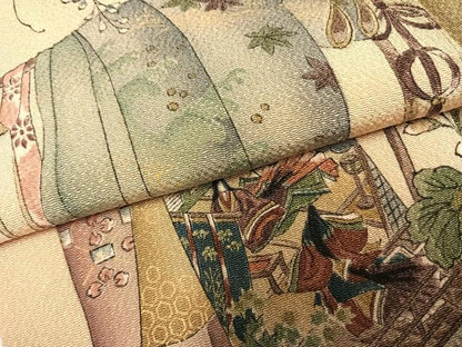 平和屋着物●訪問着　手描き　誰が袖人物文　暈し染め　金彩　鬼しぼ縮緬　正絹　逸品　AABG4476fy