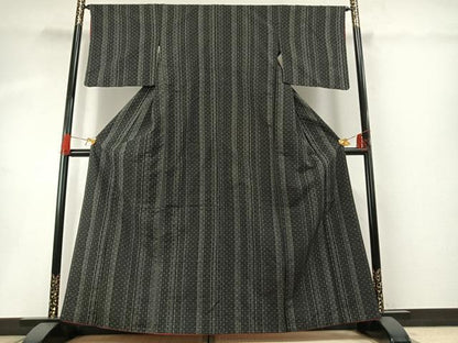 平和屋着物●上質な紬　十字絣間道　黒地　正絹　逸品　AABG4479fy