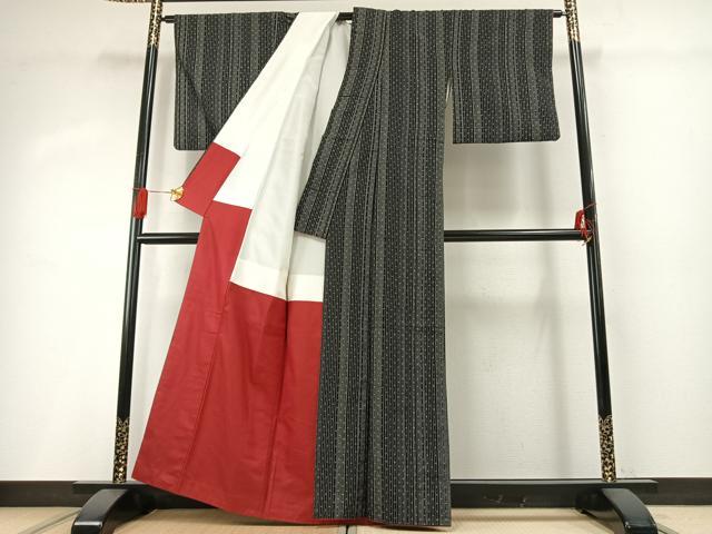 平和屋着物●上質な紬　十字絣間道　黒地　正絹　逸品　AABG4479fy