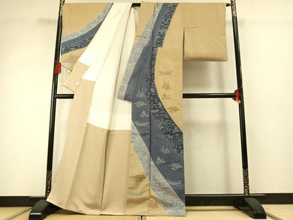 平和屋着物●訪問着　紬地　型染め　風景花文　正絹　逸品　AABG4481fy