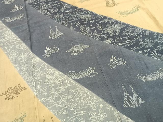 平和屋着物●訪問着　紬地　型染め　風景花文　正絹　逸品　AABG4481fy