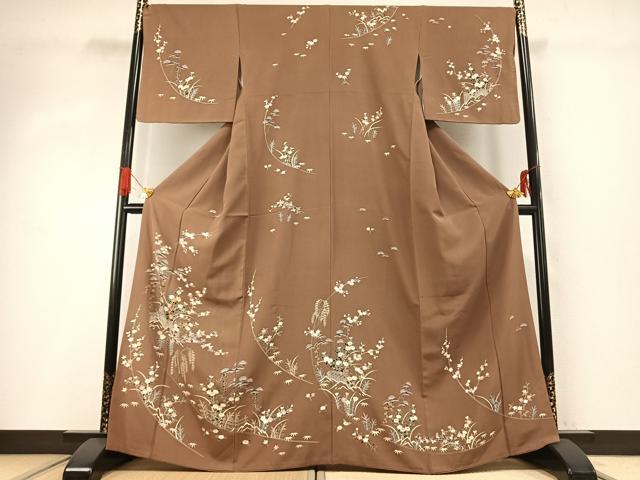 平和屋着物●訪問着　友禅　駒刺繍　草花文　金彩　正絹　逸品　AABG4486fy