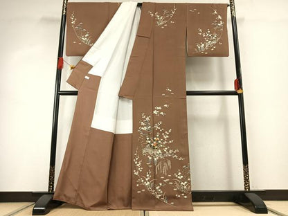 平和屋着物●訪問着　友禅　駒刺繍　草花文　金彩　正絹　逸品　AABG4486fy