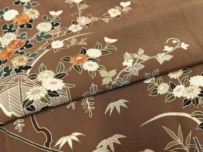 平和屋着物●訪問着　友禅　駒刺繍　草花文　金彩　正絹　逸品　AABG4486fy