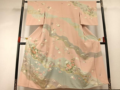 平和屋着物●訪問着　友禅　駒刺繍　道長花文　金彩　正絹　逸品　AABG4492fy