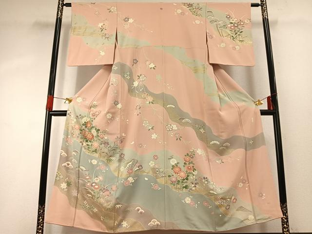 平和屋着物●訪問着　友禅　駒刺繍　道長花文　金彩　正絹　逸品　AABG4492fy
