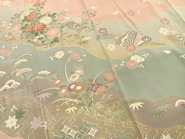 平和屋着物●訪問着　友禅　駒刺繍　道長花文　金彩　正絹　逸品　AABG4492fy