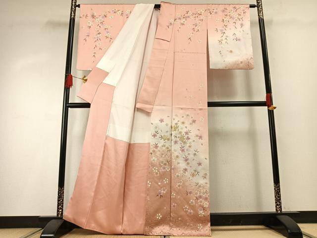 平和屋着物●訪問着　駒刺繍　佐賀錦　舞桜文　暈し染め　金彩　正絹　逸品　AABG4493fy